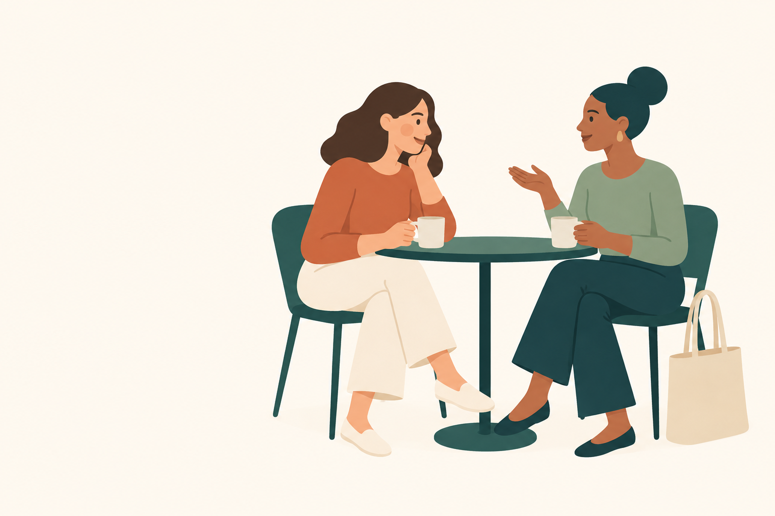 買い物袋をそばに置き、カフェで会話する二人のイラスト(AI生成イメージ)