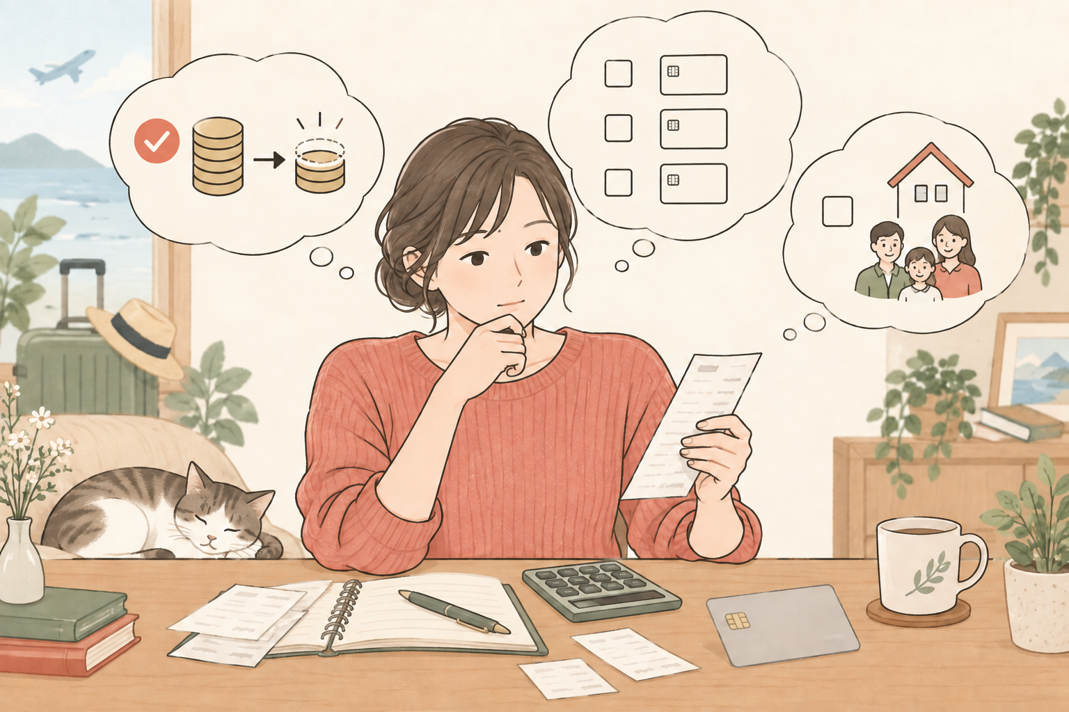 明細と計算機を使って支出を確認する人