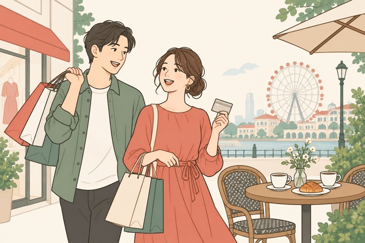 買い物と街歩きを楽しむ人のイラスト（AI生成イメージ）