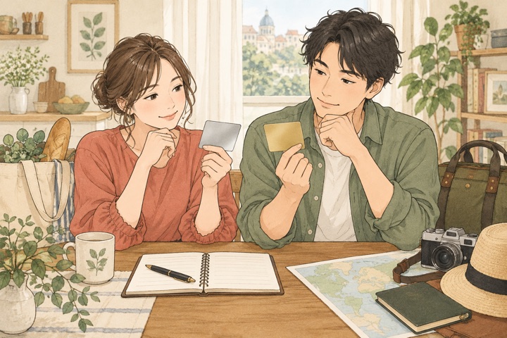 2種類のカードを比較して選ぶ人のイラスト（AI生成イメージ）