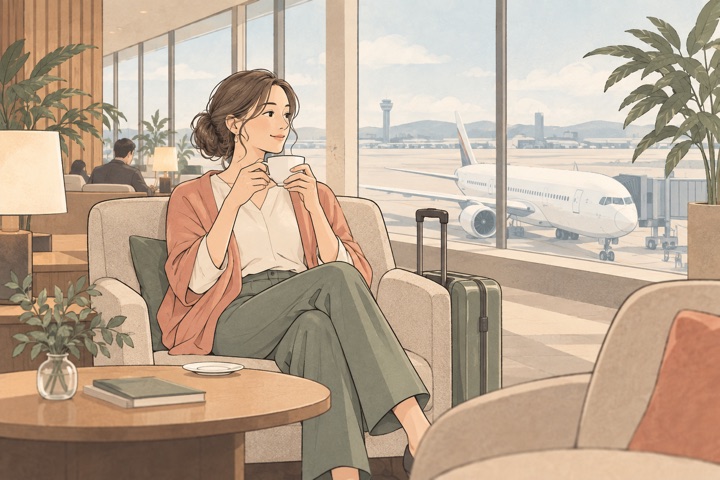 空港ラウンジでくつろぐ旅行者のイラスト（AI生成イメージ）