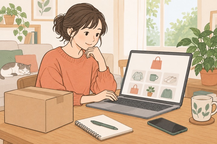 自宅でネットショッピングをする人のイラスト（AI生成イメージ）