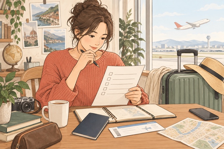 出発前に旅の準備を確認する人のイラスト（AI生成イメージ）